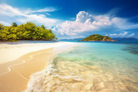 Tropical beach with blue sky and white clouds, perfect for summer vacation and travel. Generative AIの素材