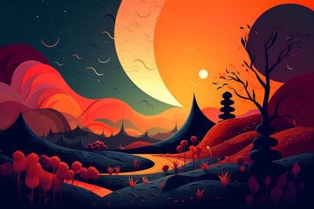 Sun and moon meet as day turns into night on a serene landscape. Generative AI illustration.の素材