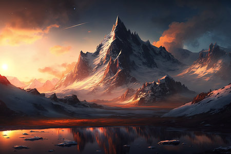 Majestic mountain peaks at foggy sunrise. Generative AI.の素材