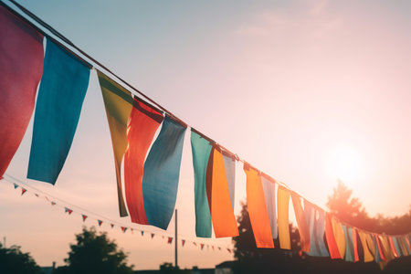 Colorful fair flag bunting at sunrise for festive celebrations. Generative AI.の素材