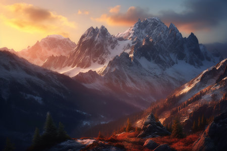 Majestic mountain peaks at foggy sunrise. Generative AI.の素材