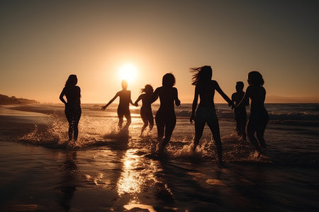 Group of friends and family having a fun summer beach party, jumping and enjoying the sunny day. Generative AIの素材