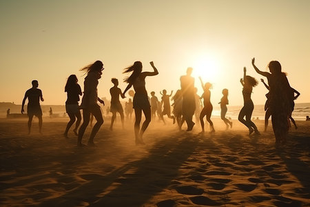 Group of friends and family having a fun summer beach party, jumping and enjoying the sunny day. Generative AIの素材