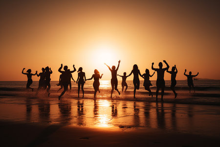 Group of friends and family having a fun summer beach party, jumping and enjoying the sunny day. Generative AIの素材
