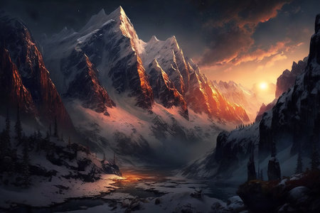 Majestic mountain peaks at foggy sunrise. Generative AI.の素材