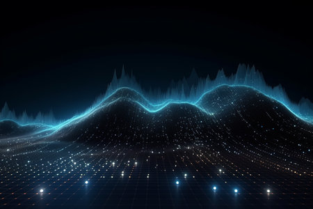 Futuristic data technology landscape with binary code and 3D waves. Generative AI.の素材