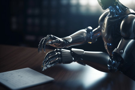 Robotic hand in law office symbolizing integration of artificial intelligence in law. Generative AI.の素材