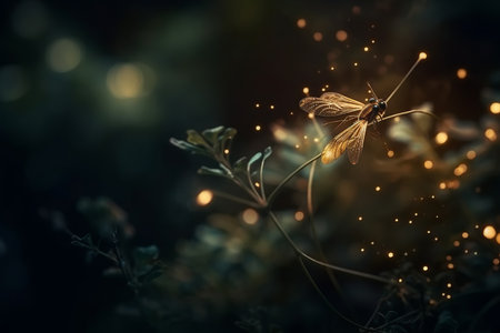 Magical Firefly in Night Forest. Abstract Fairy Tale Art. Generative AI Background.の素材