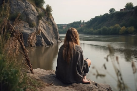 Serene girl sits on a rocky riverbank, surrounded by the natural beauty of the outdoors. Generative AI.の素材