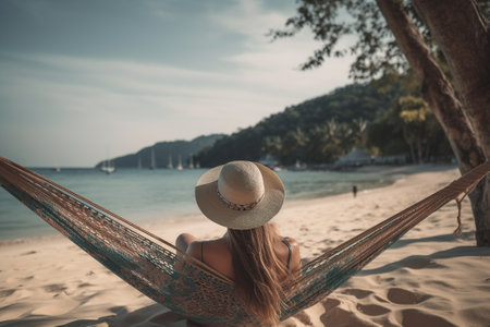 Traveler woman relax in hammock on summer beach Thailand. Rear view. Generative AI.の素材