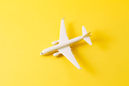 Travel style of flat lay design featuring white plane on vibrant yellow background. Generative AI.の素材