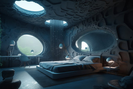 Futuristic bedroom with dark blue interlocking structure and organic form on ceiling. Generative AI.の素材