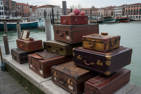 Luggage suitcases at Grand Canal in Venice. Generative AI.の素材