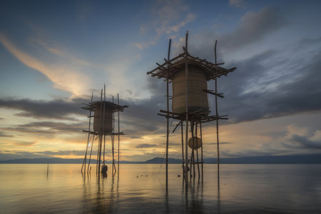 A community adapts to rising sea levels with floating architecture. Generative AI.の素材