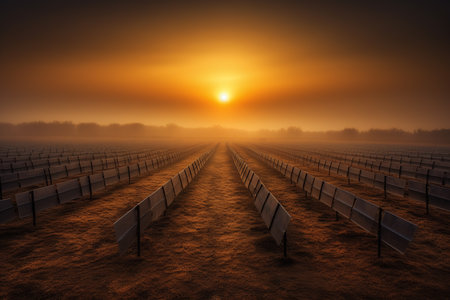 A ghostly sunrise over a solar panel field with transparent humanoid figures floating in the air. Generative AI.の素材