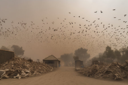 A flock of birds soaring above a landscape of dusty ash and trash. Generative AI.の素材