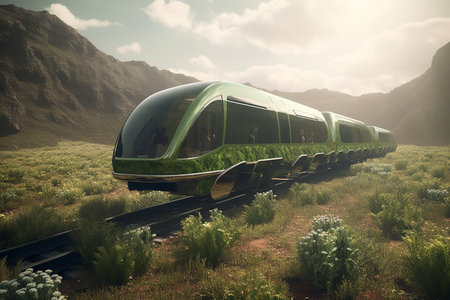 Martian Green Train transports life to new worlds. A futuristic vision of colonization. Generative AI.の素材