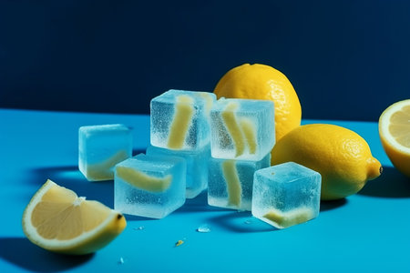 Frozen lemon and ice cubes on blue background. Generative AI.の素材
