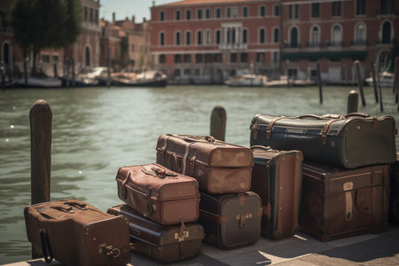 Luggage suitcases at Grand Canal in Venice. Generative AI.の素材