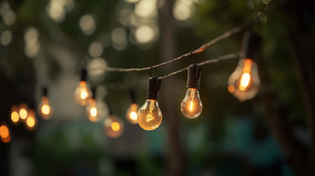 Festive string lights hanging in a backyard on bokeh background, perfect for parties. Generative AI.の素材
