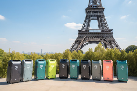 Garbage cans standing at Eiffel Tower in Paris. Keep the area clean. Generative AI.の素材