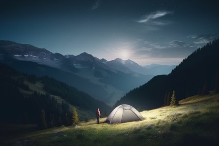 Night camping in mountains with a burning campfire and a starry sky. Generative AI.の素材