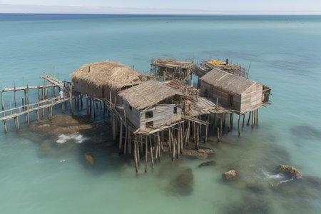 A community adapts to rising sea levels with floating architecture. Generative AI.の素材