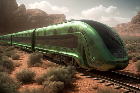 Martian Green Train transports life to new worlds. A futuristic vision of colonization. Generative AI.の素材