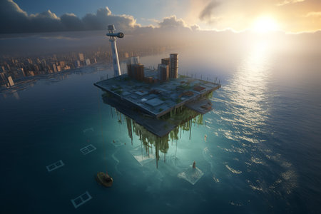 A community adapts to rising sea levels with floating architecture. Generative AI.の素材