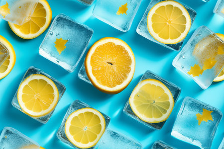 Frozen lemon and ice cubes on blue background. Generative AI.の素材