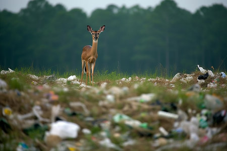 Majestic deer among plastic waste. Generative AI.の素材