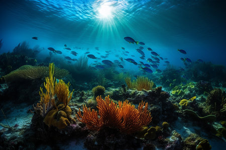 Enchanting underwater world in blue sunlight. Generative AI.の素材