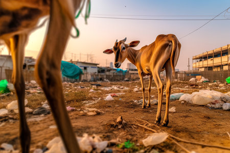 Majestic goat among plastic waste. Generative AI.の素材