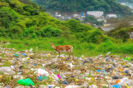 Majestic deer among plastic waste. Generative AI.の素材