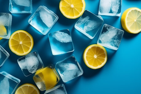 Frozen lemon and ice cubes on blue background. Generative AI.の素材