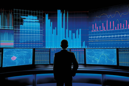 Back view of businessman interacts with graphs on a screen in a futuristic setting. Generative AI.の素材