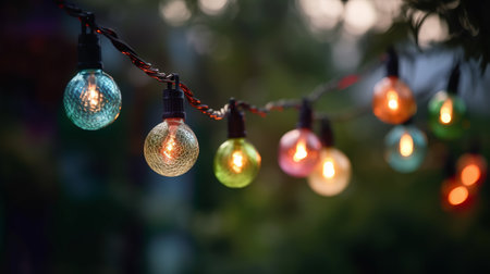 Festive string lights hanging in a backyard on bokeh background, perfect for parties. Generative AI.の素材