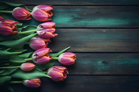 Spring tulip border with copy space on vintage wooden background. Generative AI.の素材