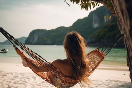 Traveler woman relax in hammock on summer beach Thailand. Rear view. Generative AI.の素材