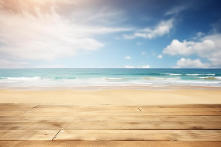 Tropical beach with blurred sea and sky, wooden table top for product ads. Generative AI.の素材