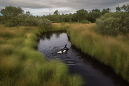 Orca whale in a river. Generative AI.の素材