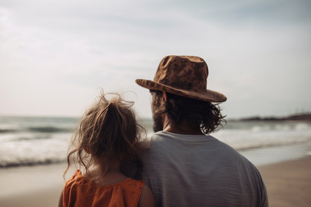 Father and daughter at the beach. A heartwarming moment captured from behind as they walk along the water's edge, enjoying the sun and sand. Generative AIの素材