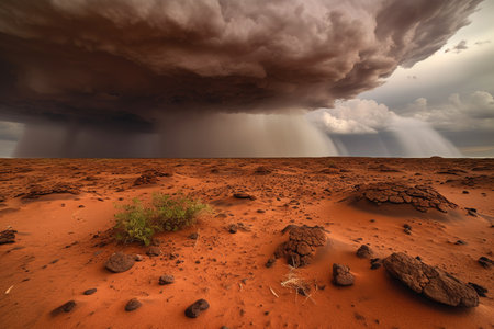 Cumulonimbus clouds above rusty red Mars landscape during terraforming planet. Generative AI.の素材