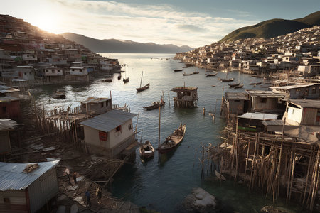 A community adapts to rising sea levels with floating architecture. Generative AI.の素材