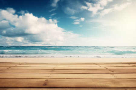 Tropical beach with blurred sea and sky, wooden table top for product ads. Generative AI.の素材