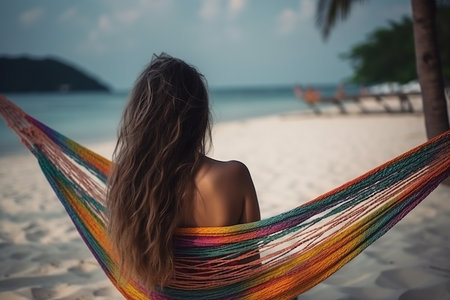 Traveler woman relax in hammock on summer beach Thailand. Rear view. Generative AI.の素材