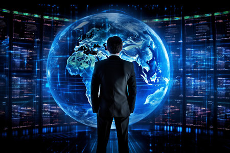 Back view of businessman interacts with graphs on a screen in a futuristic setting. Generative AI.の素材