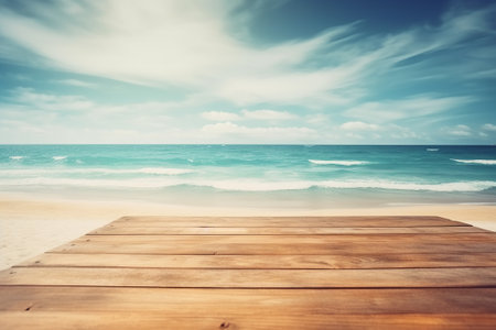 Tropical beach with blurred sea and sky, wooden table top for product ads. Generative AI.の素材