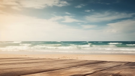 Tropical beach with blurred sea and sky, wooden table top for product ads. Generative AI.の素材