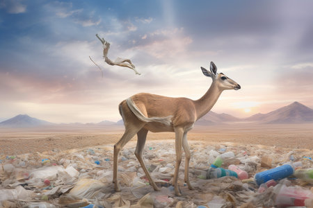 Majestic deer among plastic waste. Generative AI.の素材